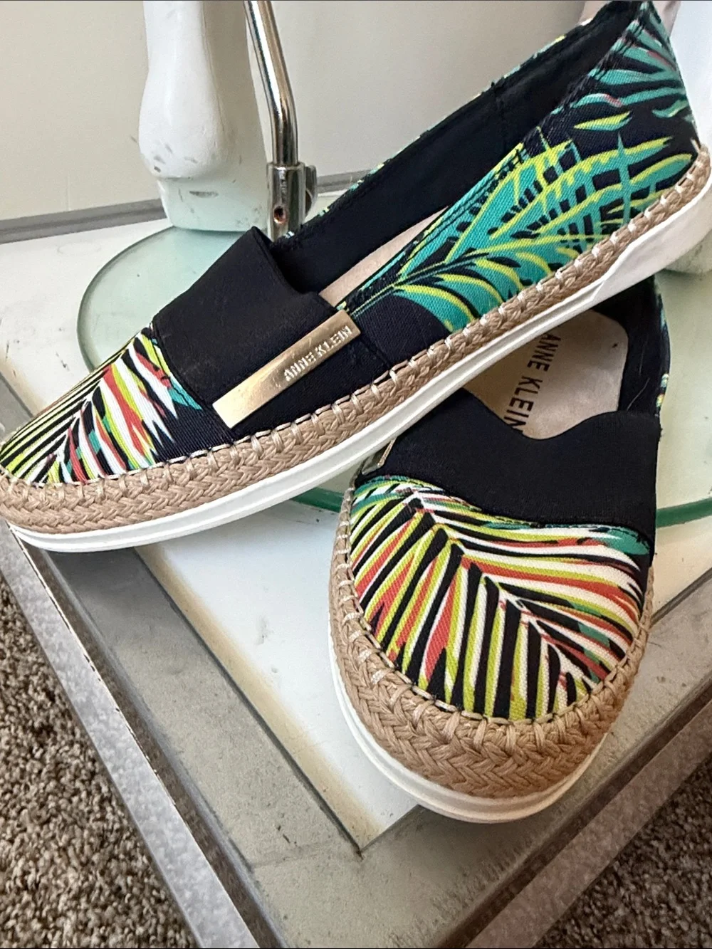 Anne Klein Black Multicolor Tropical Stripe Espadrille Slip-Ons